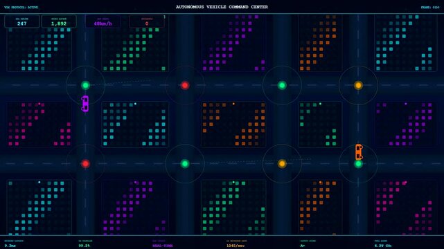 An intricate Smart City Dashboard monitoring autonomous transportation flows through a futuristic urban grid featuring glowing data nodes and real time vehicle tracking systems