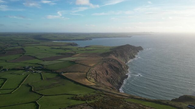 4K Aerial Shot of the Coastline and the Fields, North Wales, Pembrokeshire, UK