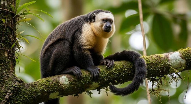 White faced capuchin monkey resting on tree branch in natural habitat