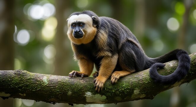 White faced saki monkey perched on a branch wildlife portrait in natural habitat