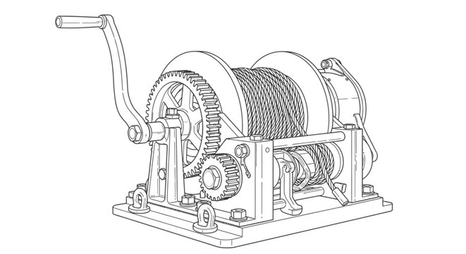 Mechanical line art illustration of industrial hand winch assembly