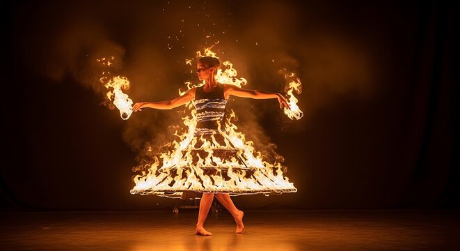 Woman dancing with fire dress performance art with bright flames and dark background