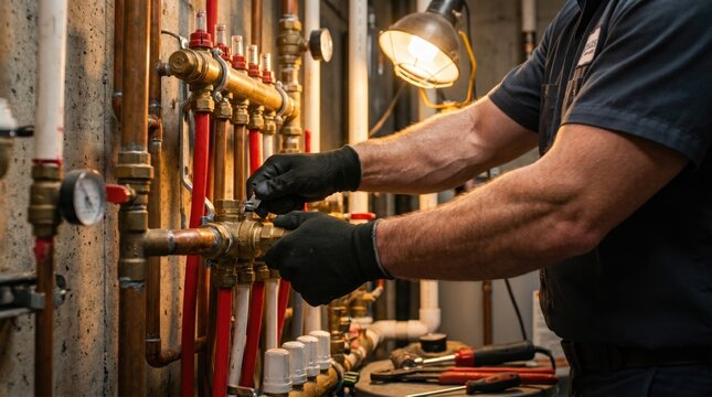 A worker wearing gloves adjusts valves on a complex heating or plumbing system with pipes and gauges in an industrial or residential setting.