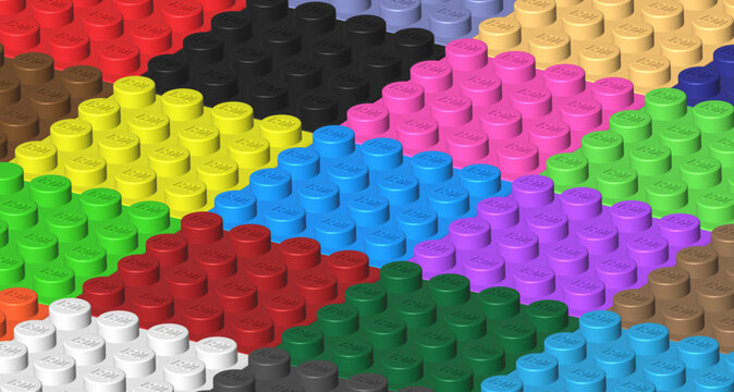 Realistic colored Lego plastik constructor parts background. Byilding concept backdrop. 3D rendered vector editorial illustration