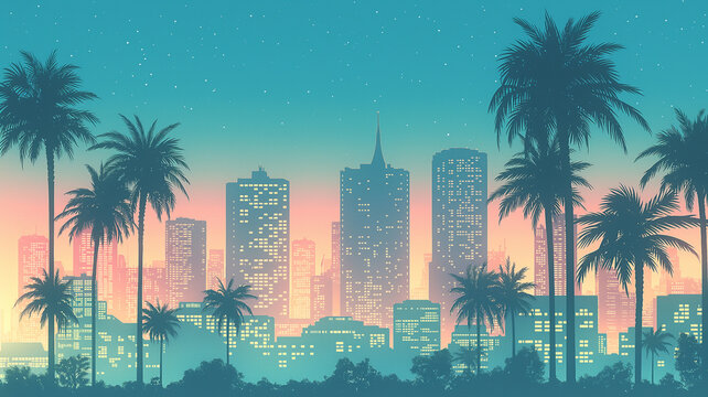 1980sシティポップ風のレトロな都市風景とヤシの木が並ぶ街並みを描いたイラストで、ノスタルジックな雰囲気と都会の夜景を美しく表現した高品質背景素材