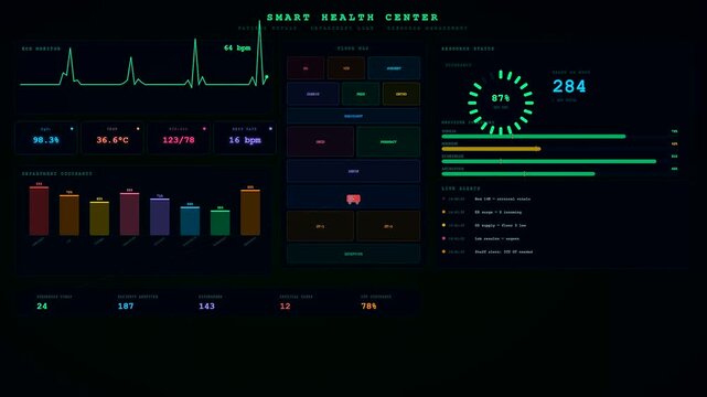 A sophisticated Smart City Dashboard displaying real time medical telemetry and patient vitals through an advanced holographic interface with pulsating neon data visualizations