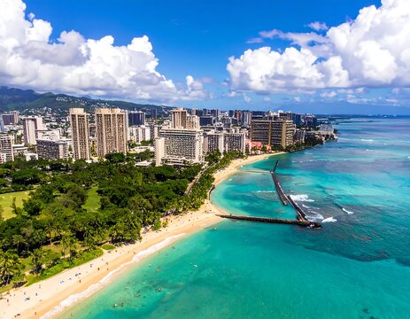 Aerial view of a tropical beach city with sandy shore, blue ocean, and bright sky with fluffy clouds