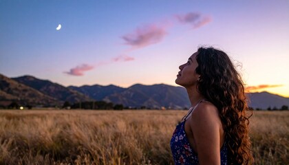 Obraz premium Woman standing in a serene field at sunset with long hair looking up at the crescent moon and mountains in the background