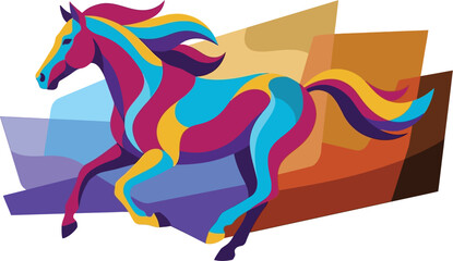 Horse galloping in a vibrant and geometric style creates a dynamic visual representation of movement and artistic energy.