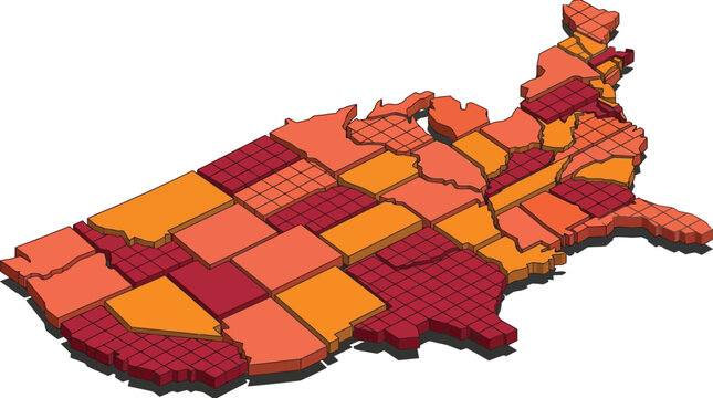 United States map displays a colorful three-dimensional representation of individual states with varying textures.