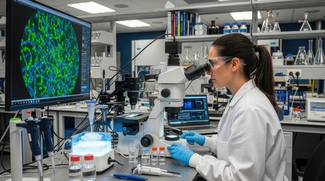 A scientist in a lab coat and gloves examines samples under a microscope, with a detailed biological image displayed on a large monitor in a modern laboratory.