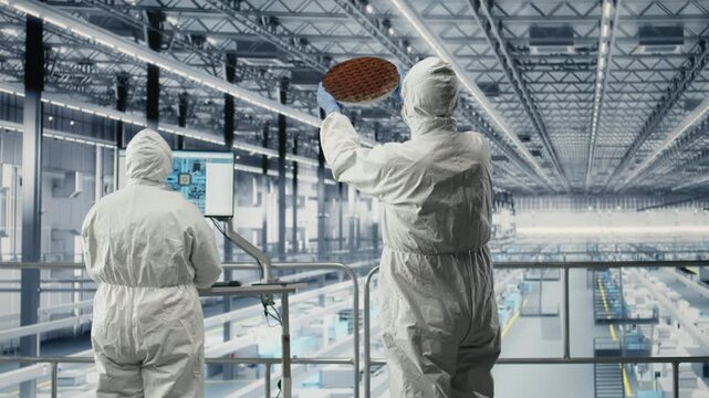 Engineering team in microchip research facility review semiconductor substrate design, optimizing photolithography. Industry 4.0 PCB plant technicians trialing silicon wafer materials, camera A