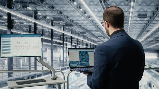 Man in microchip smart factory using MES software simulation app to optimize conveyor belts workflow. Manager using tool tracking semiconductor production hardware circuit layout defects, camera A