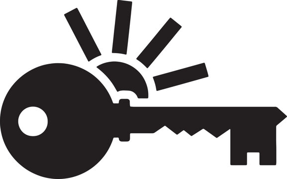 Abstract sun and key combination silhouette representing sunrise security and property unlocking services for residential real estate and secure morning starts.