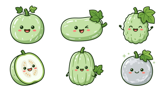 Set of cute kawaii ash gourd and winter melon cartoon characters with happy faces