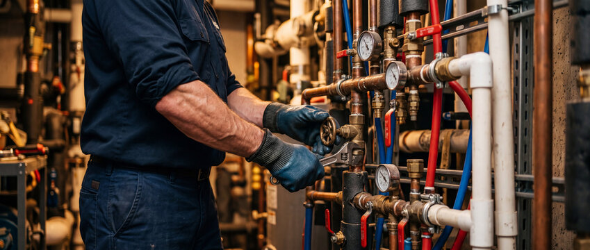 A technician wearing gloves adjusts valves on a complex system of industrial pipes and gauges in a maintenance or engineering setting.