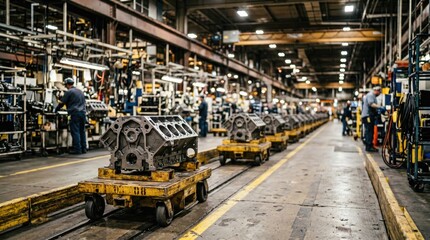 Fototapeta premium Industrial factory assembly line with engine blocks on carts and workers operating machinery in a large, organized manufacturing facility.