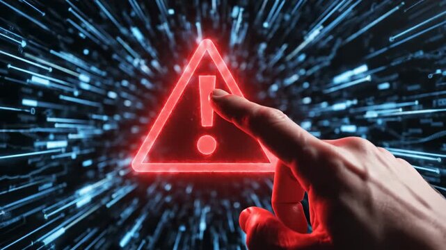 This illustrates a hand interacting with a glowing red warning sign in a futuristic digital environment, highlighting technical difficulties and error screens in a visually striking way.