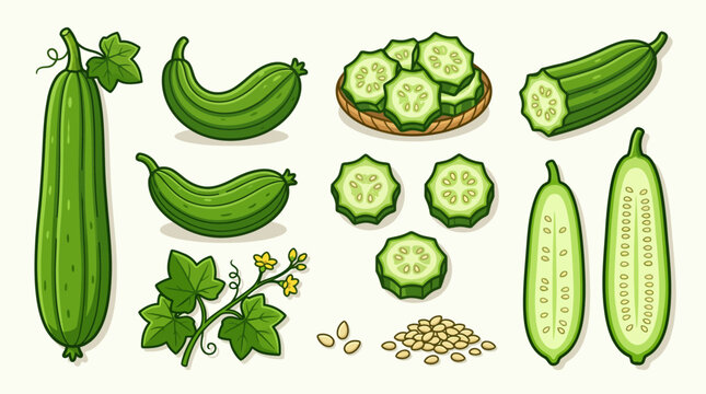 Ridge gourd vector illustration set with whole sliced halved sections and seeds
