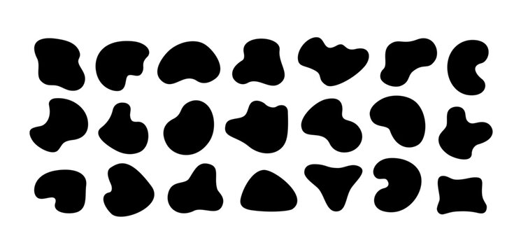 Abstract vector organic cow pattern shapes. Liquid amoeba free form elements set. Collection of 21 black irregular cutout pebble shape silhouettes isolated on transparent background. Freeform blob kit