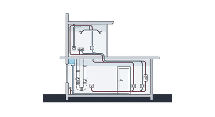 Fototapeta premium Residential House Cross-Section Diagram Showing Internal Plumbing, Electrical Wiring, and Mechanical Systems Infrastructure