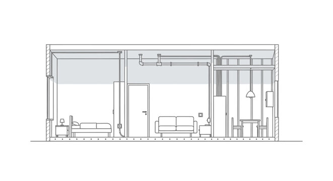 Architectural House Section Drawing with Interior Layout, Furniture, and Exposed Utility Systems Line Art