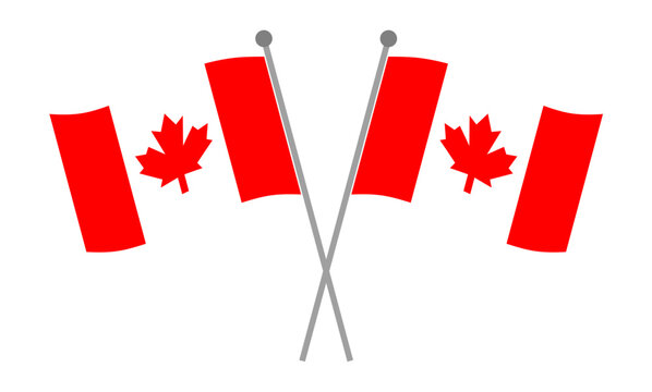 Crossed Canada flags waving on pole patriotic vector illustration isolated on transparent background.
