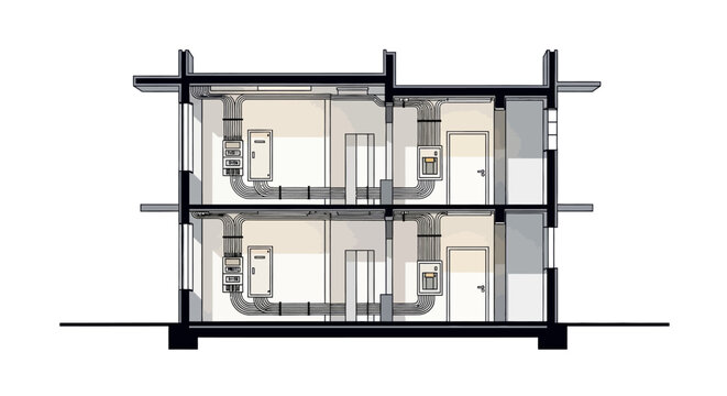 Technical Illustration of a Building Cross-Section Showing Electrical Infrastructure, Wiring, and Service Panels