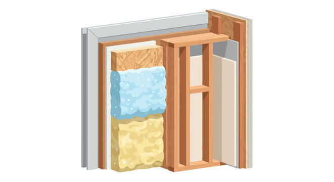 Detailed 3D Cross-Section of Insulated Wall Structure with Wood Studs, Fiberglass Insulation, and Drywall Layers for Energy Efficient Home Construction
