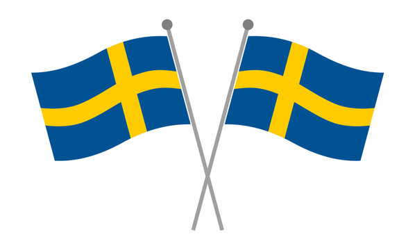 Crossed Sweden flags waving on pole patriotic vector illustration isolated on transparent background.
