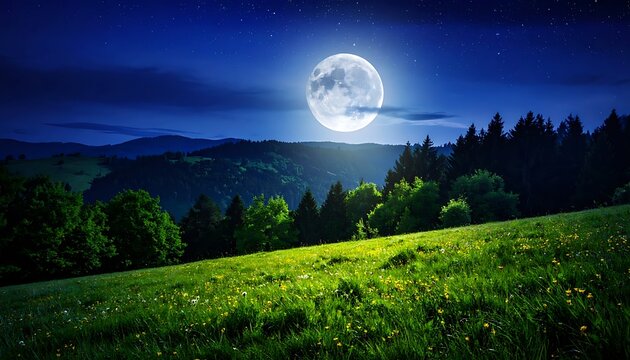 Moonlit grassy hill view