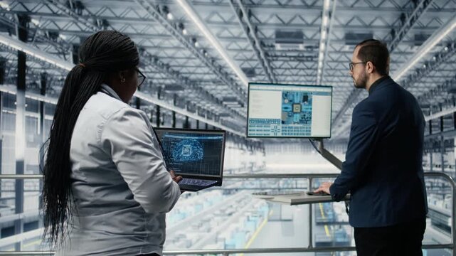 Using AI, microchip innovative technology and woman with colleague developing factory roadmap. Using artificial intelligence, high tech engineering and coworkers developing semiconductors, camera A