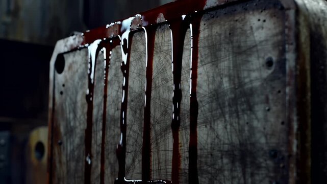 This captures a dark and eerie scene of a wooden surface with blood dripping down in a dimly lit room, evoking feelings of fear, suspense, and terror.