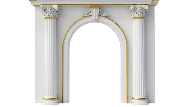 Isolated elegant white architectural archway with classical columns and luxurious gold trim.