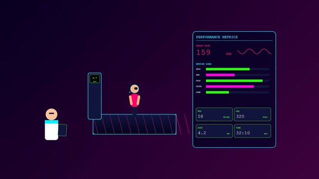 A futuristic digital interface for a sports medical consultation showcasing real time athletic performance metrics and biometric data tracking in a neon stylized environment