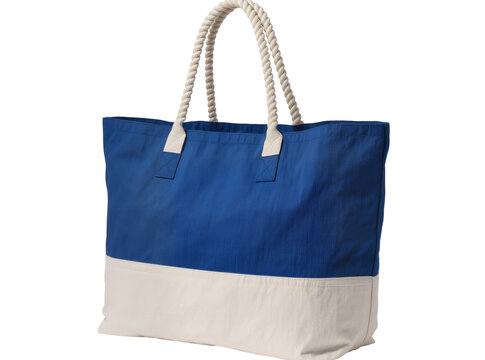 Isolated blue and beige two-tone canvas tote bag with thick rope handles for summer vacation