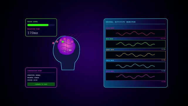 A futuristic sports medical consultation interface displaying real time neural activity monitoring and concussion scan data for professional athletes using advanced holographic medical technology