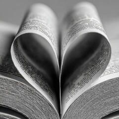Fototapeta premium Black and white image of spine and folded pages forming a heart shape symbolizing love and passion for reading and literature in an open book close-up shot