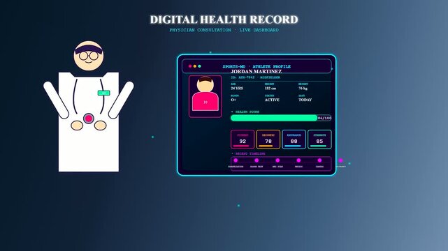 A futuristic sports medical consultation featuring an animated digital health dashboard that tracks athlete performance metrics through a sleek neon holographic interface for professional clinics