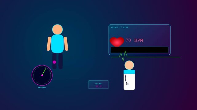 An advanced holographic interface designed for a sports medical consultation monitoring critical biometric metrics including heart rate and VO2 max to optimize athletic performance levels