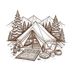 Fototapeta premium Camping Tent with Furniture and Gear.