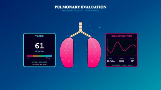 An advanced sports medical consultation interface showcasing a dynamic pulmonary evaluation with real time vo2 max measurements and respiratory capacity waveforms on a futuristic screen