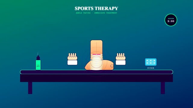 A detailed vector motion sequence showcasing a sports medical consultation while demonstrating the precise application of therapeutic ankle taping for joint stabilization and recovery