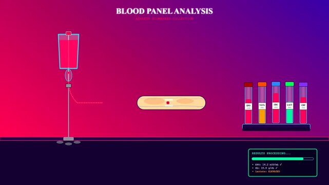 Conceptual sports medical consultation visualizing a sophisticated athlete biomarker collection process through neon blood analysis tubes and dynamic digital data processing