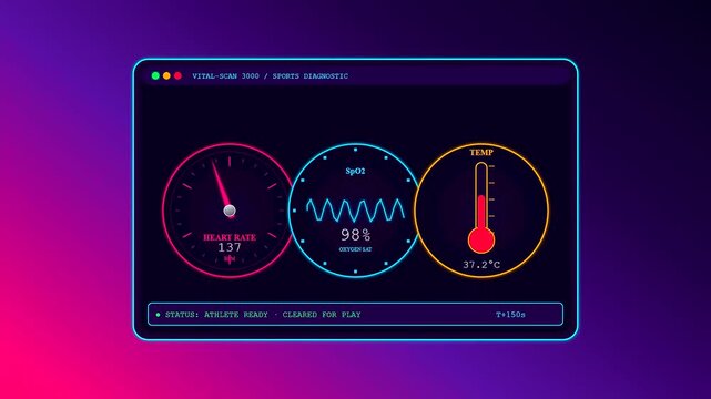 An advanced digital interface for a Sports Medical Consultation showing real time physiological data shifts as an athlete performs intense physical activity during training