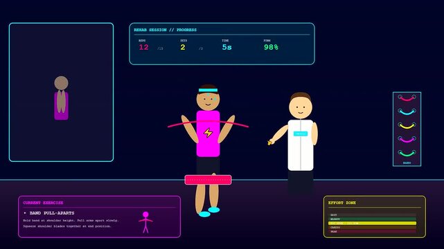 A sophisticated digital interface for a Sports Medical Consultation illustrating an interactive virtual physiotherapy session where a patient executes precise resistance band shoulder exercises