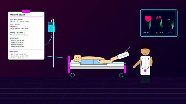 A minimalist flat illustration depicts a sports medical consultation where a physician observes a recovering athlete while a digital monitor tracks shifting cardiac rhythms