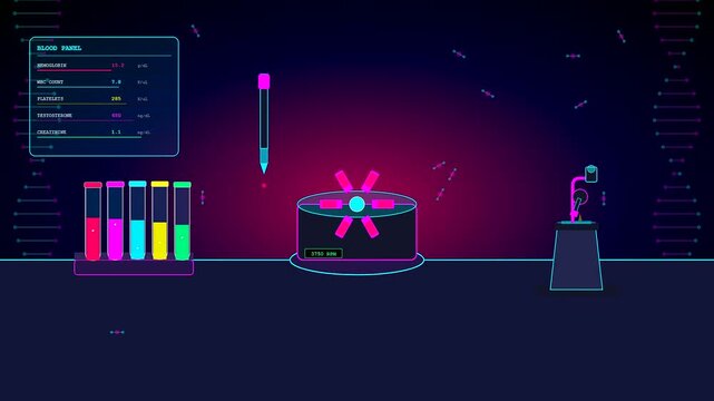 A sleek digital interface visualizing a sports medical consultation through glowing neon blood analysis panels and scientific laboratory equipment within a futuristic synthwave atmosphere