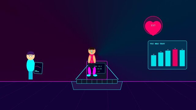 Within a luminous neon environment, a sports medical consultation illustrates a stylized athlete executing a cardiovascular stress test with advanced biometric data visualizations