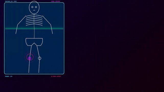 A futuristic Sports Medical Consultation display featuring a holographic human skeletal scan while a precise diagnostic beam isolates a knee injury for orthopedic analysis